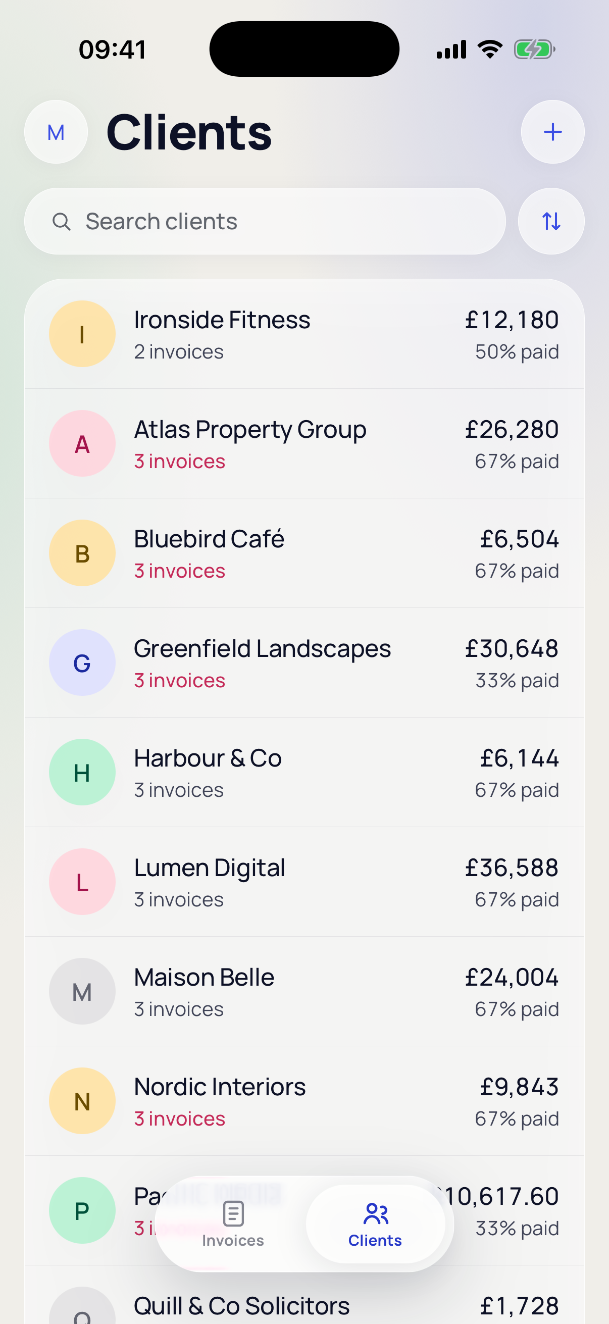 Invoice Easy client list showing invoice totals and payment progress