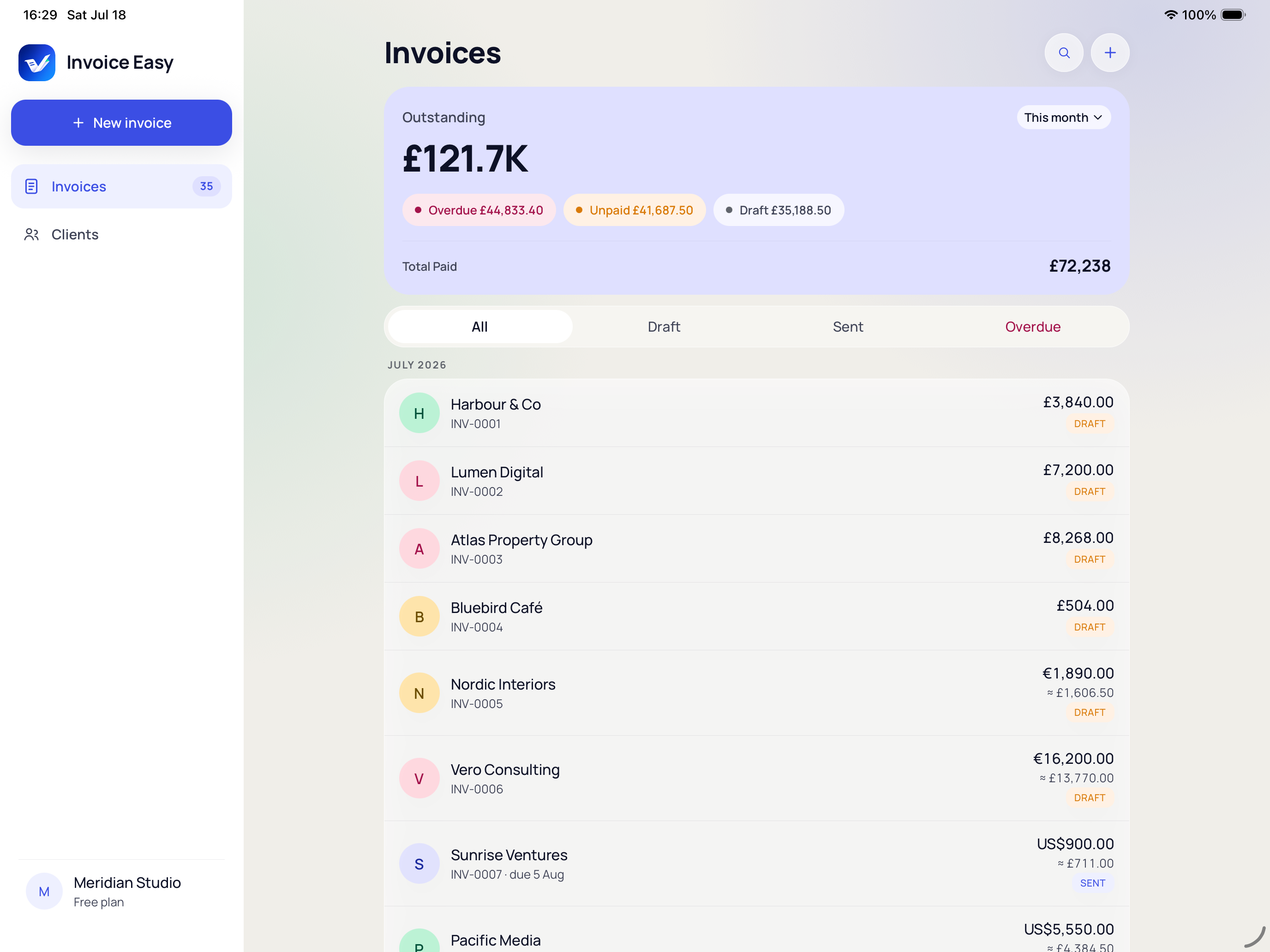 Invoice Easy showing an invoice dashboard with outstanding, paid and recent invoice totals on iPad